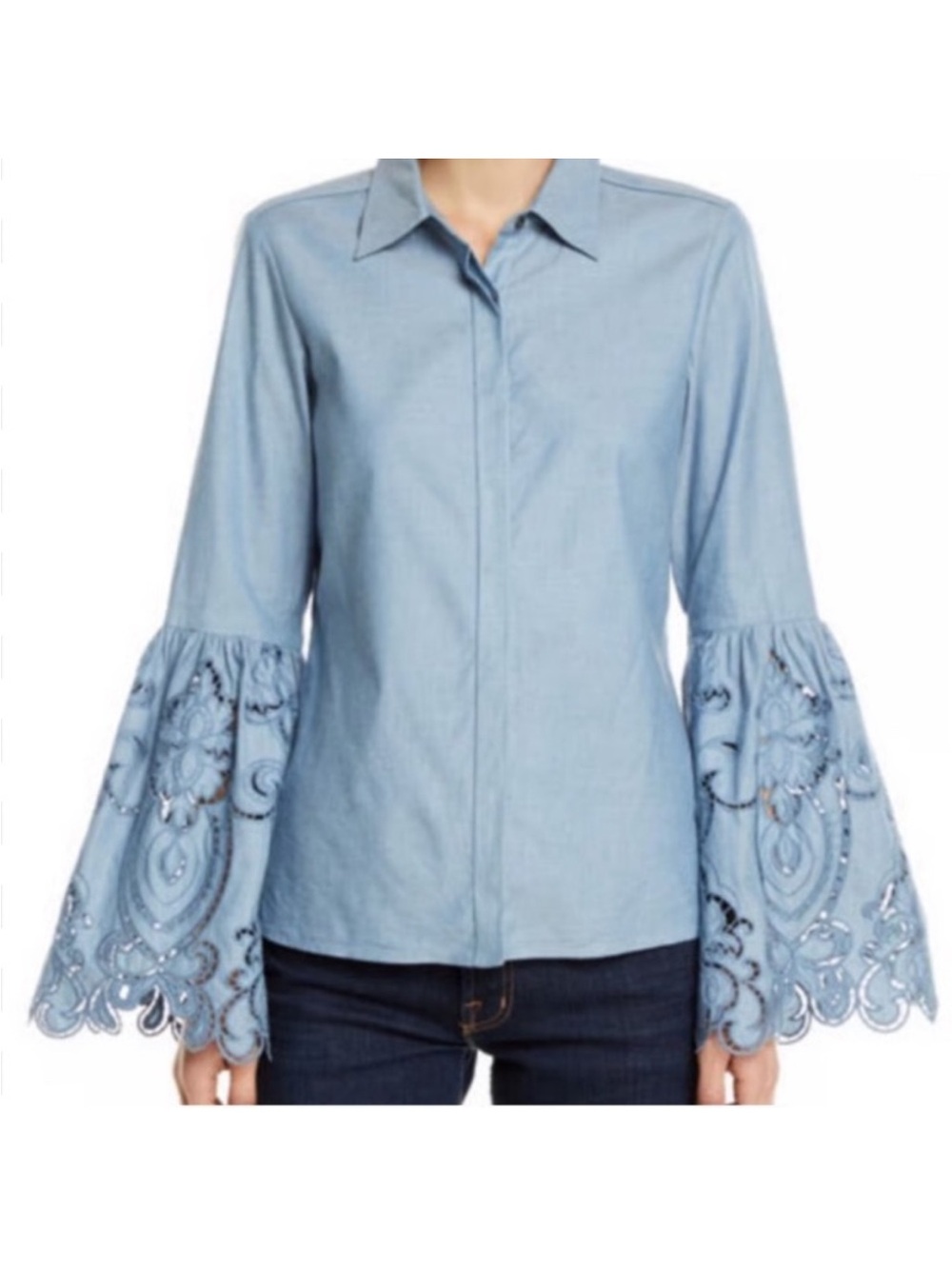 Ramy Brook Holden Blue Chambray Embroidered Bell Sleeve Top Size M NWT!